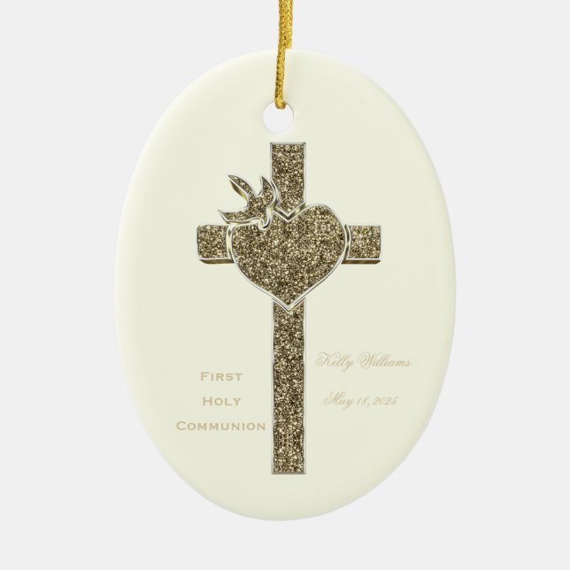 First Holy Communion Cross with Dove and Heart Ceramic Tree Decoration (Front)