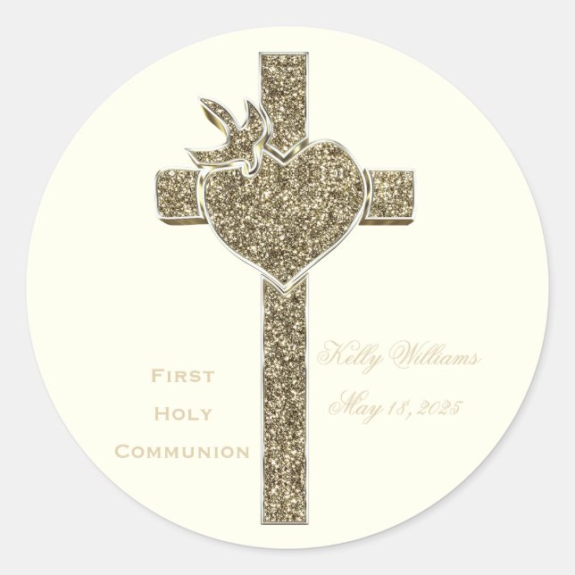 First Holy Communion Cross with Dove and Heart Classic Round Sticker (Front)