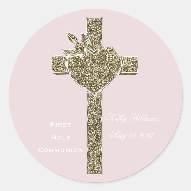 First Holy Communion Cross with Dove and Heart Classic Round Sticker (Front)