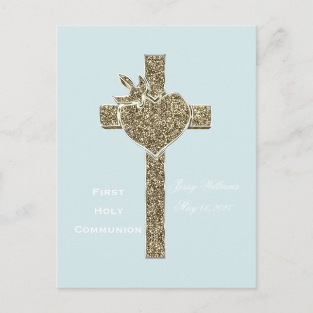 First Holy Communion Cross with Dove and Heart Postcard (Front)