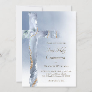 First Holy Communion dusty blue agate Holy Cross Invitation