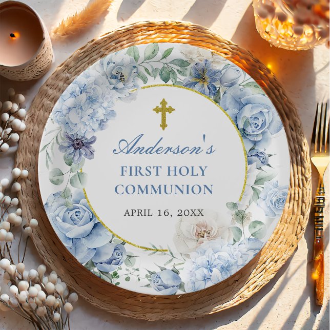 First Holy Communion Dusty Blue Floral Paper Plate (Creator Uploaded)
