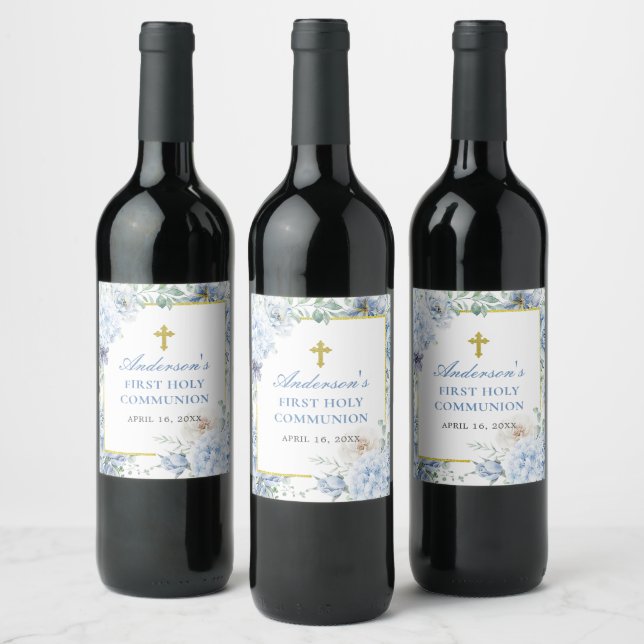 First Holy Communion Dusty Blue Floral Wine Label (Bottles)