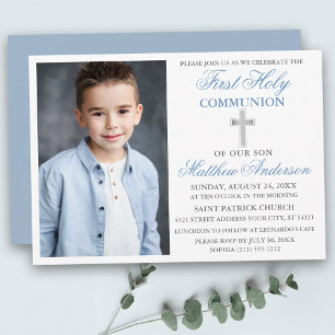 First Holy Communion Dusty Blue Silver Photo Invitation