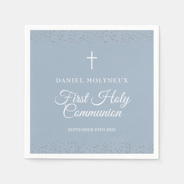 First Holy Communion Dusty Blue Silver Stardust Napkin (Front)