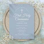 First Holy Communion Dusty Blue Silver Stardust Save The Date<br><div class="desc">An elegant First Holy Communion save the date invitation featuring delicate silver stardust on a dusty blue background. You can personalise with your special celebration details in chic text. Designed by Thisisnotme©</div>