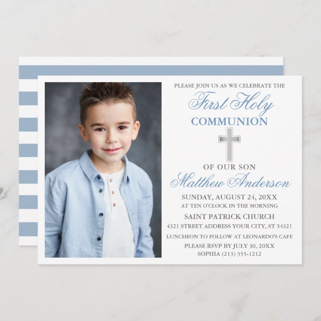 First Holy Communion Dusty Blue Silver Striped Invitation (Front/Back)