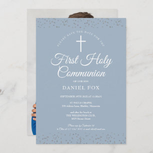 First Holy Communion Dusty Blue Stardust Photo Save The Date
