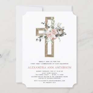 First Holy Communion Dusty Pink Rose Greenery Invitation