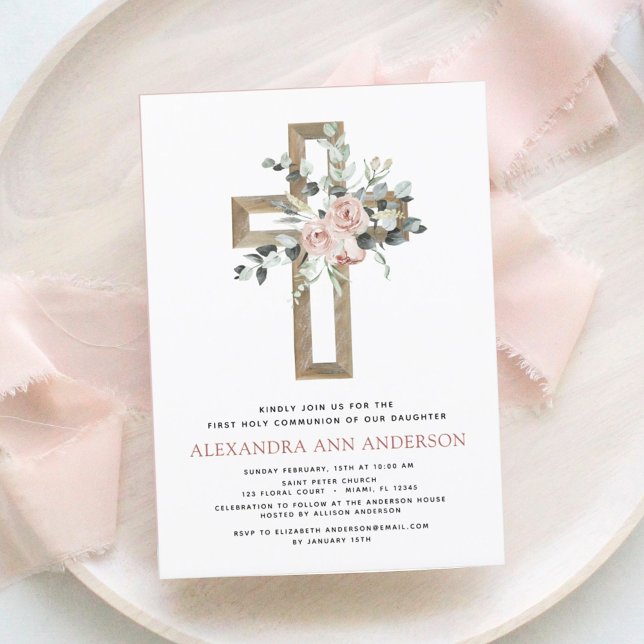 First Holy Communion Dusty Pink Rose Greenery Invitation (Creator Uploaded)