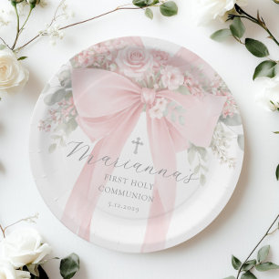 First Holy Communion Elegant Floral Blush Pink Bow Paper Plate