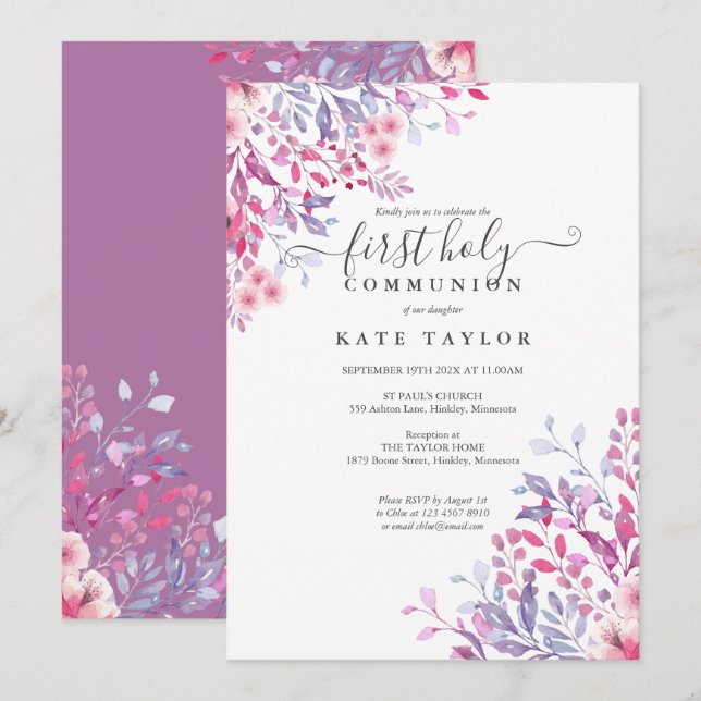 First Holy Communion Elegant Floral  Invitation (Front/Back)