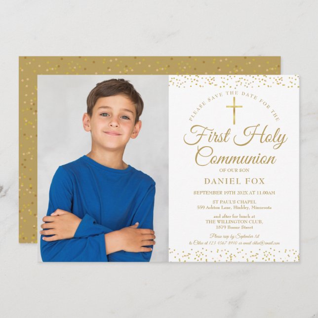 First Holy Communion Elegant Gold Dust Photo Save The Date (Front/Back)