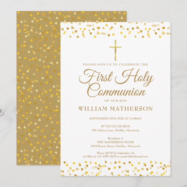 First Holy Communion Elegant Gold Hearts  Invitation (Front/Back)