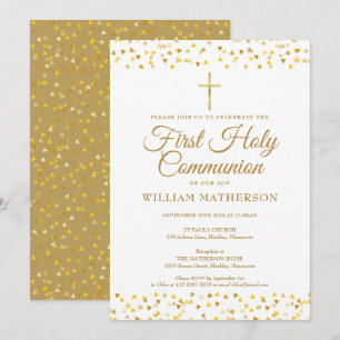 First Holy Communion Elegant Gold Hearts  Invitation