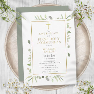 First Holy Communion Elegant Greenery Save The Date