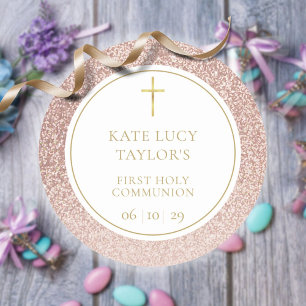 First Holy Communion Elegant Rose Gold Glitter  Classic Round Sticker