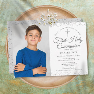 First Holy Communion Elegant Silver Photo Save The Date