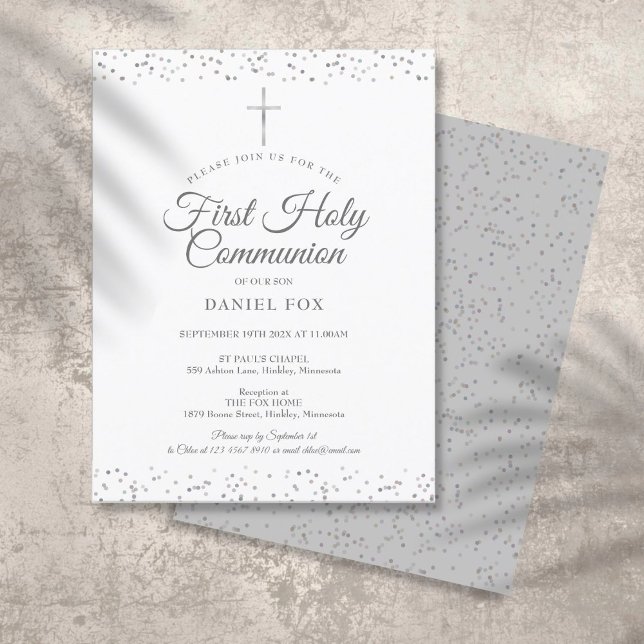 First Holy Communion Elegant Silver Stardust Invitation Postcard (Creator Uploaded)