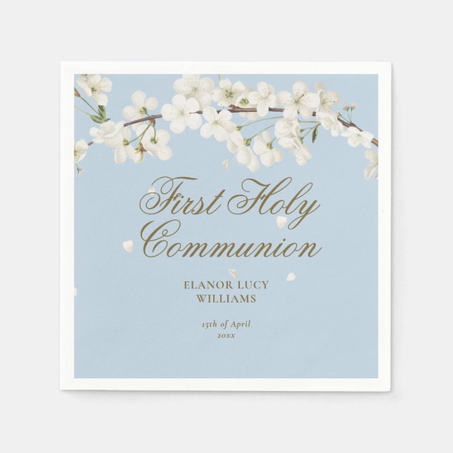First Holy Communion Elegant White Blossom Blue Napkin (Front)