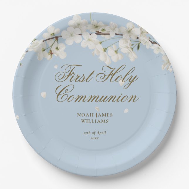 First Holy Communion Elegant White Blossom Blue Paper Plate (Front)