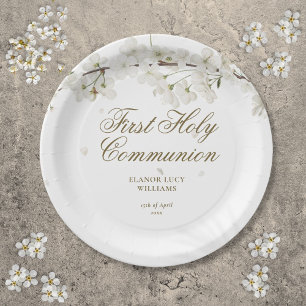 First Holy Communion Elegant White Blossom Floral Paper Plate