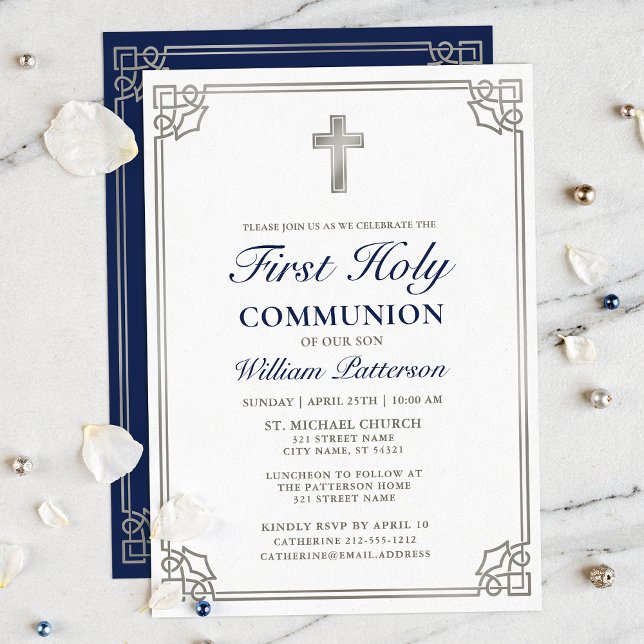 First Holy Communion Elegant Woven Silver Frame Invitation (Creator Uploaded)