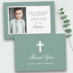 First Holy Communion Eucalyptus Green Photo Thank You Card