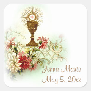 First Holy Communion Eucharist Flowers Square Sticker