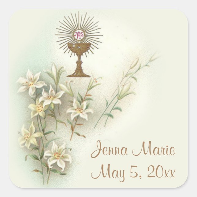First Holy Communion Eucharist Flowers Square Sticker (Front)