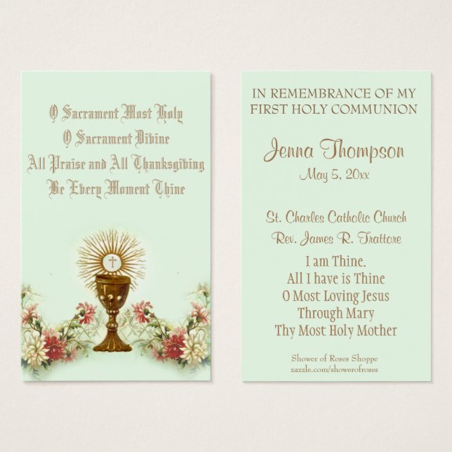 FIRST HOLY COMMUNION EUCHARIST PRAYER HOLY CARD (Front & Back)