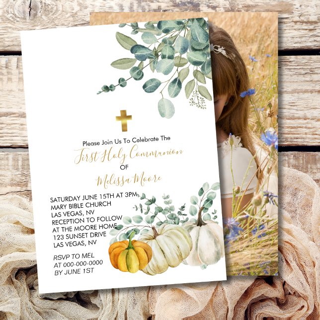 First Holy Communion Fall Pumpkin Greenery Invitation (Creator Uploaded)