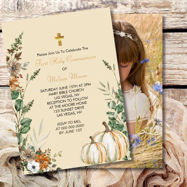 First Holy Communion Fall Rustic Brown Floral  Invitation (Creator Uploaded)