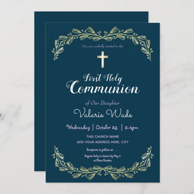 First Holy Communion Fancy Floral Frame Faux Gold Invitation (Front/Back)