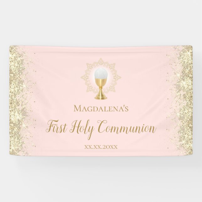 First Holy Communion faux gold glitter on pink Banner (Horizontal)