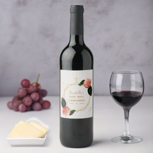 First Holy Communion Floral Camellia Gold Marble Wine Label