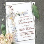 First Holy Communion floral cross  Acrylic Invitations<br><div class="desc">First Holy Communion clear invitation</div>