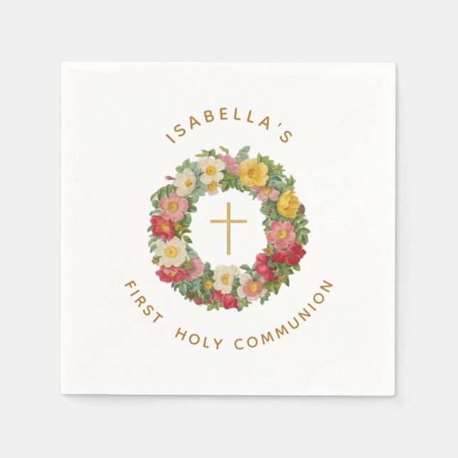 First Holy Communion Floral Cross in Rose Wreath Napkin (Front)