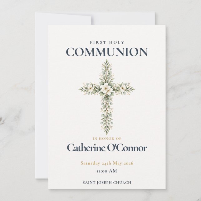 First Holy Communion Floral Cross Invitation (Front)