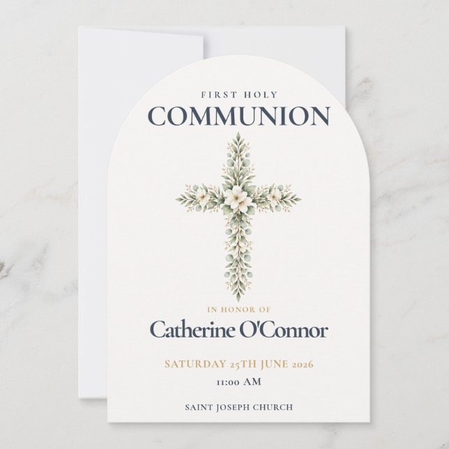 First Holy Communion Floral Cross Invitation (Front)