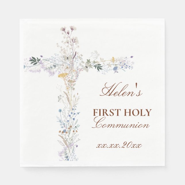 First Holy Communion floral cross Napkin (Front)