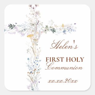 First Holy Communion floral cross Square Sticker