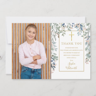 First Holy Communion Floral Foliage Photo Gold Thank You Card