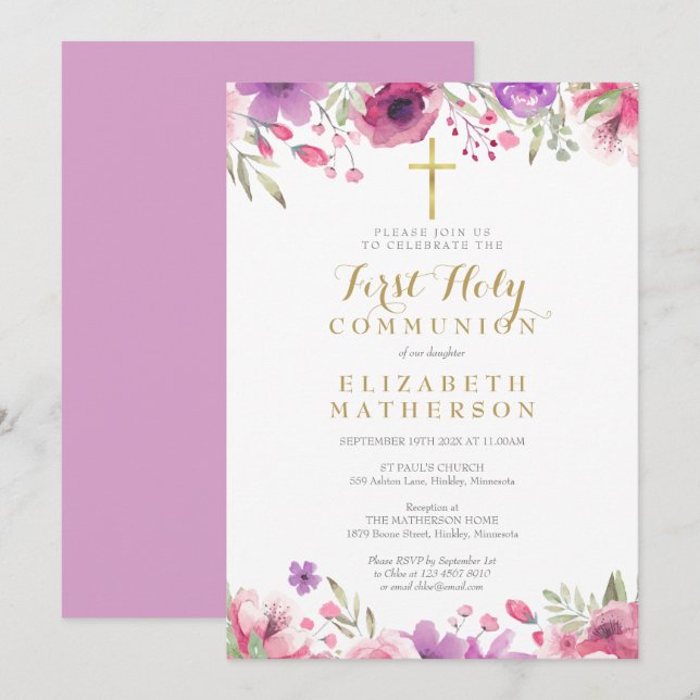 First Holy Communion Floral Gold Cross Invitation (Front/Back)
