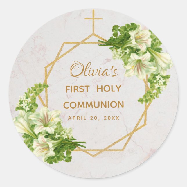 First Holy Communion Floral Gold Lilies Marble Classic Round Sticker (Front)
