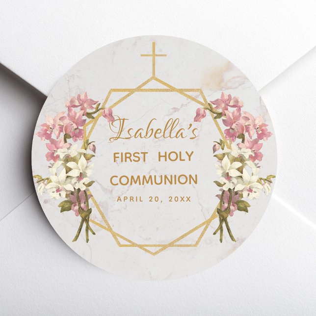 First Holy Communion Floral Gold Marble Orchids Classic Round Sticker (Creator Uploaded)