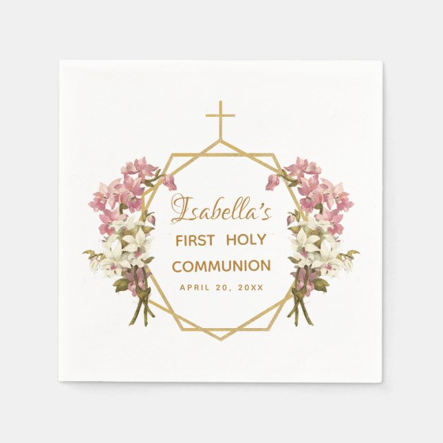 First Holy Communion Floral Gold Orchids Cross Napkin (Front)
