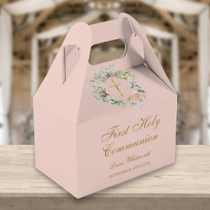 First Holy Communion Floral Gold Script Blush Pink Favour Box