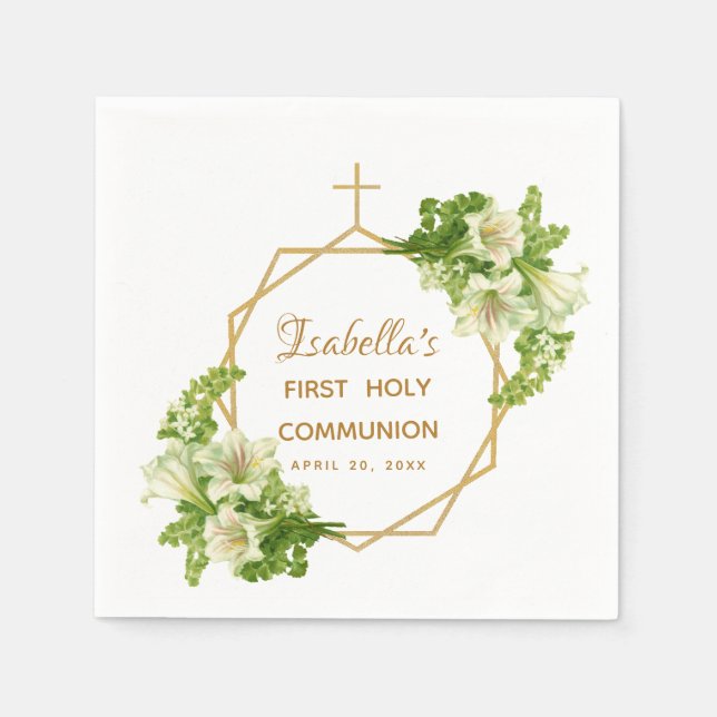 First Holy Communion Floral Lilies Gold Cross Napkin (Front)