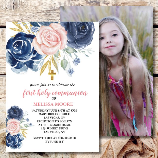 First Holy Communion Floral Navy Blue Pink Invitation (Creator Uploaded)